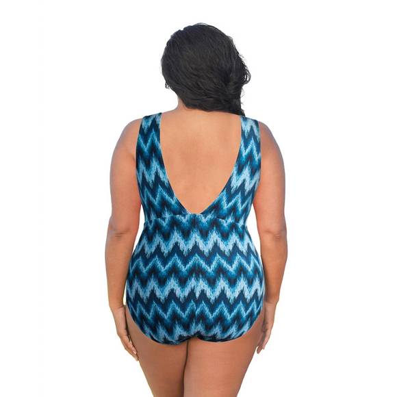 NEW ALWAYS FOR ME plus size double v plunge one piece swimsuit in native peacock - Picture 2 of 2